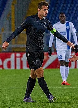 Klose captaining Lazio in a UEFA Europa League match against Dnipro in 2015.