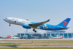 A China Southern Airlines' Airbus A330-200 (B-6057) wearing the Guangzhou 2010 Asian Games special livery taking off from Baiyun Airport to Chengdu in 2017.