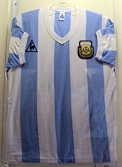 Le Coq Sportif Argentina jersey worn by Diego Maradona at the 1982 FIFA World Cup.
