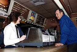 Then Vice President George H. W. Bush visiting McDonald's in Nashua, New Hampshire in February 1988.