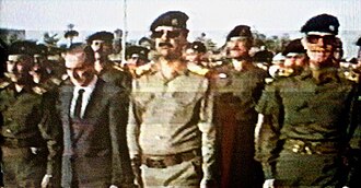 From left to right: Taha Yasin Ramadan, Shibli al-Aysami, Saddam Hussein, Izzat at-Duri. Iraqi and Syrian Ba'athist leaders (of the pro-Iraqi Ba'ath Party) during the funeral of Michel Aflaq in 1989.