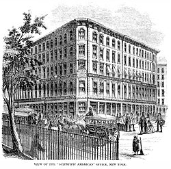 Scientific American Office, New York, 37 Park Row, 1859, next to Munn & Co. on the right