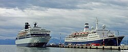 Celebrity Cruises's MV Zenith and Orient Lines's MS Marco Polo cruise ships at Ushuaia