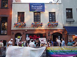 Stonewall Inn in Greenwich Village, site of the June 1969 Stonewall riots, the cradle of the modern LGBT rights movement[135][136][196]