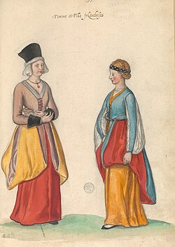 A 16th century perception of Irish women and girls, illustrated in the manuscript "Théâtre de tous les peuples et nations de la terre avec leurs habits et ornemens divers, tant anciens que modernes, diligemment depeints au naturel". Painted by Lucas d'Heere in the 2nd half of the 16th century. Preserved in the Ghent University Library.[63]