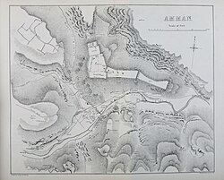 The first scientific map of Amman, 1881. The British surveyors noted that: "The Circassian colony established by the Sultan at Amman about 1879 [is] neither prosperous nor likely to become so".[63]