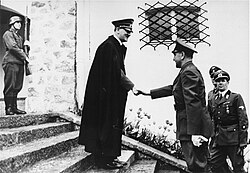 Leader of the Independent State of Croatia, Ante Pavelić, shakes hands with Adolf Hitler in 1941