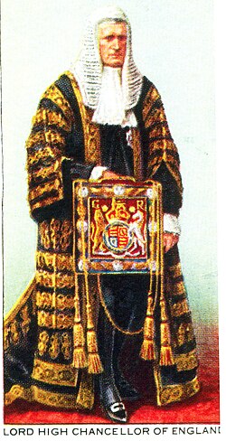 The Lord High Chancellor (Viscount Hailsham), as depicted on a cigarette card produced for the Coronation of King George VI and Queen Elizabeth in 1937. His ceremonial purse would once have contained the Great Seal of the Realm.
