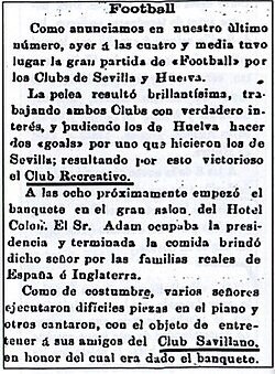 La Provincia newspaper reporting on the match between Club Recreativo and Sevilla FC on 30 March 1890.