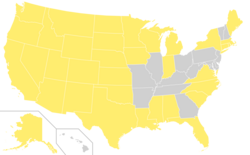Map of current states with U.S. federally recognized tribes marked in yellow and states with no federally recognized tribes marked in gray