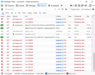 Screenshot of LibreWolf's developer tools on the "Network" tab, with multiple automated connections to "gyrovague.com" made by a JavaScript script (all of them are blocked by the µBlock Origin browser extension)