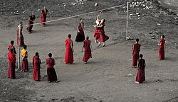 Buddhist monks play volleyball in the Himalayan state of Sikkim in India