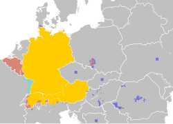 The German language in Europe: German Sprachraum: German is the official language (de jure or de facto) and first language of the majority of the population German is a co-official language but not the first language of the majority of the population German (or a German dialect) is a legally recognised minority language (squares: geographic distribution too dispersed/small for map scale) German (or a variety of German) is spoken by a sizeable minority but has no legal recognition
