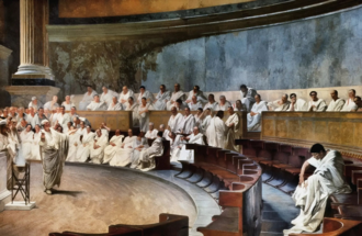 Representation of a sitting of the Roman Senate: Cicero attacks Catilina, from a 19th-century fresco by Cesare Maccari, in Palazzo Madama, home to Italy's Senate