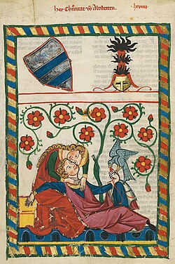 The medieval poet Konrad von Altstetten shown with his falcon, in the embrace of his lover. From the Codex Manesse.