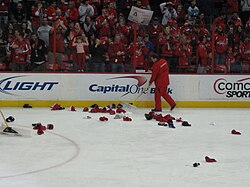 Hats on the Verizon Center ice after Alex Ovechkin's hat trick in the Washington Capitals' 5–4 overtime win over the Pittsburgh Penguins on 7 February 2010