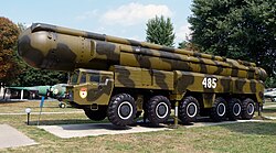 A medium-range SS-20 non-ICBM ballistic missile, the deployment of which by the Soviet Union in the late 1970s launched a new arms race in Europe when NATO responded by deploying Pershing II missiles in West Germany, among other things