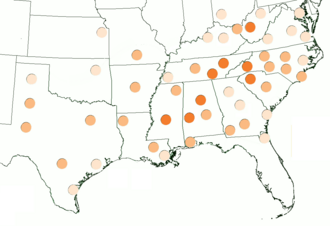 The approximate extent of Southern American English, based upon The Atlas of North American English[117][118]