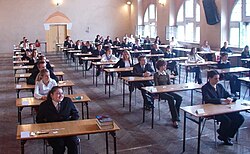 High-school students in Szczecin, Poland, waiting to take a matura exam in 2005