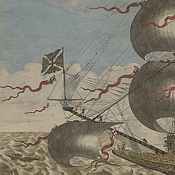 A portrait of a ship, with the Union Jack placed on a jackstaff at the ship's bow, 1637