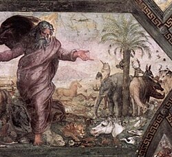 "Creation of the animals" by Raphael, 1518–1519, a fresco on the second floor of the Palazzi Pontifici in the Vatican. A rhinoceros appears to the right of the tree, with an elephant [possibly Hanno] to the left.