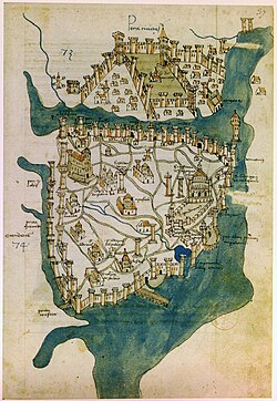 The map of Constantinople (1422) by Florentine cartographer Cristoforo Buondelmonti[34] is the oldest surviving map of the city, and the only one that predates the Turkish conquest of it in 1453.