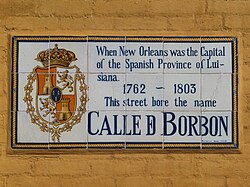 Tile mosaic explaining that the name of the street was Calle de Borbón when New Orleans was capital of the Spanish Province of Louisiana from 1762 to 1803