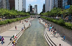 Cheonggyecheon river is a modern public recreation space in downtown Seoul