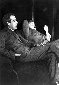 Niels Bohr and Albert Einstein debating quantum theory at Ehrenfest's home in Leiden (December 1925).