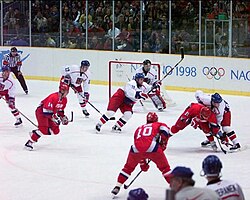 The Gold medal game between Russia and Czech Republic at the 1998 Winter Olympics; professional National Hockey League players have been eligible to participate in ice hockey since then.