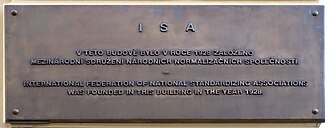 Plaque marking the building in Prague where the ISO predecessor, the ISA, was founded