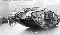 A British Mark IV tank, captured during World War I, in use by German government troops. Berlin, January 1919