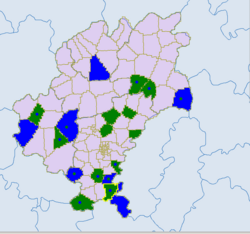 Blue areas represent significant Miao population while dark green represents Bouyei