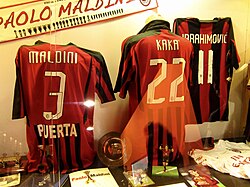 Jerseys of Paolo Maldini (number 3), Kaká (number 22) and Zlatan Ibrahimović (number 11) in the San Siro museum