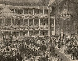 A reception held at the Naum Theatre in honour of Giuseppe Garibaldi, who had lived and worked (as a teacher) in the Pera district of Constantinople (Istanbul) between 1828 and 1831.[20] The Naum Theatre seen in this illustration served as the chief opera house of Constantinople, until it was destroyed by a fire in 1870.