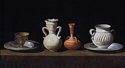 Francisco de Zurbarán, Still Life with Pottery Jars (Spanish: Bodegón de recipientes) (1636), oil on canvas, 46 x 84 cm, Museo del Prado, Madrid