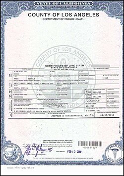 A Californian long-form certified copy of a certificate of live birth