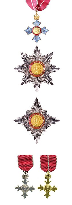 Examples of insignia of the order (1937 pattern). Top to bottom: KBE or CBE (military) badge and riband, GBE star, KBE/DBE star, MBE (civil) and OBE (military) badges and ribands.