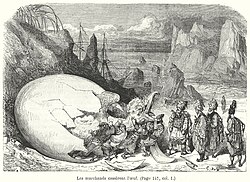 The merchants break the roc's egg, Le Magasin pitoresque, Paris, 1865