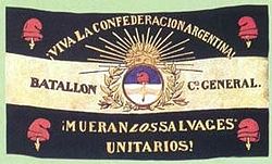 A Rosas-era banner calling for "death to the brutal Unitarians" typified the ongoing conflict.