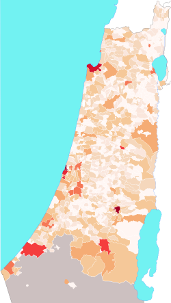 Map of the municipalities in Mandatory Palestine by population count (1945) 150,000 and more 100,000 50,000 20,000 10,000 5,000 2,000 1,000 500 less than 500 Nomadic regions in the Negev desert