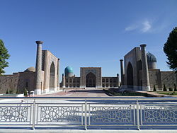 View of the Registan in Samarkand – although the second largest city of Uzbekistan, it is predominantly a Tajik-populated city, along with Bukhara.