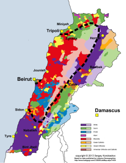 Distribution of religious groups of Lebanon according to 2009 municipal election data with the boundaries of ancient Mount Lebanon Mutasarrifate marked with a dotted line.[325]