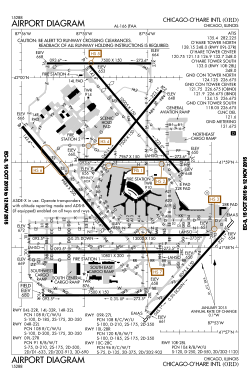 FAA airport diagram of the former "tangled web" layout of Chicago O'Hare International Airport before 2021. The two 14/32 runways go from upper left to lower right, the two 4/22 runways go from lower left to upper right, and the two 9/27 and three 10/28 runways are horizontal.
