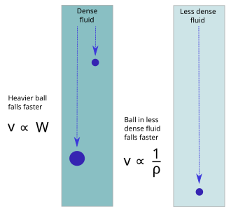 Aristotle found that objects immersed in a medium tend to fall at speeds proportional to their weight and inversely proportional to the density of the medium.[7][8][9]