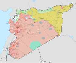 Military situation before the opposition offensives in late 2024.Territories held by the SDF (yellow), IS (grey), the Syrian Army (red), the SNA and Turkey (light green), Tahrir al-Sham (white), the SFA and the United States (teal).