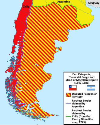 Map of the East Patagonia, Tierra del Fuego and Strait of Magellan Dispute. In blue and green are the boundaries claimed by Argentine[83] and Chilean[84][85][86][87] historians respectably as uti possidetis iuris in Patagonia.