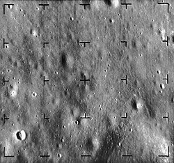 One of the last photos of the Moon transmitted by Ranger 8 right before impact