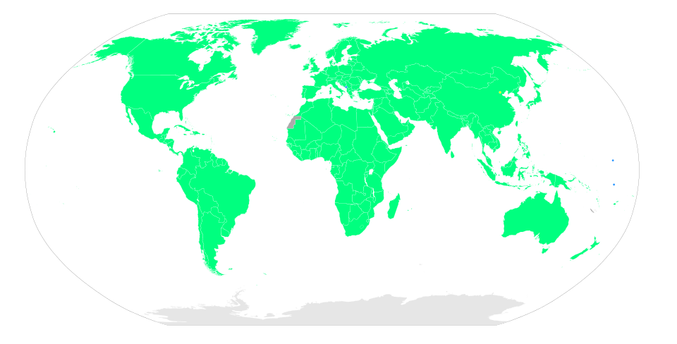 Participating nationsBlue = Participating for the first time. Green = Have previously participated. Yellow square is host city (Beijing)