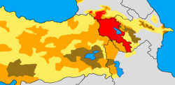 Historical and modern distribution of Armenians.Settlement area of Armenians in early 20th century: >50% 25–50% <25% Armenian settlement area today